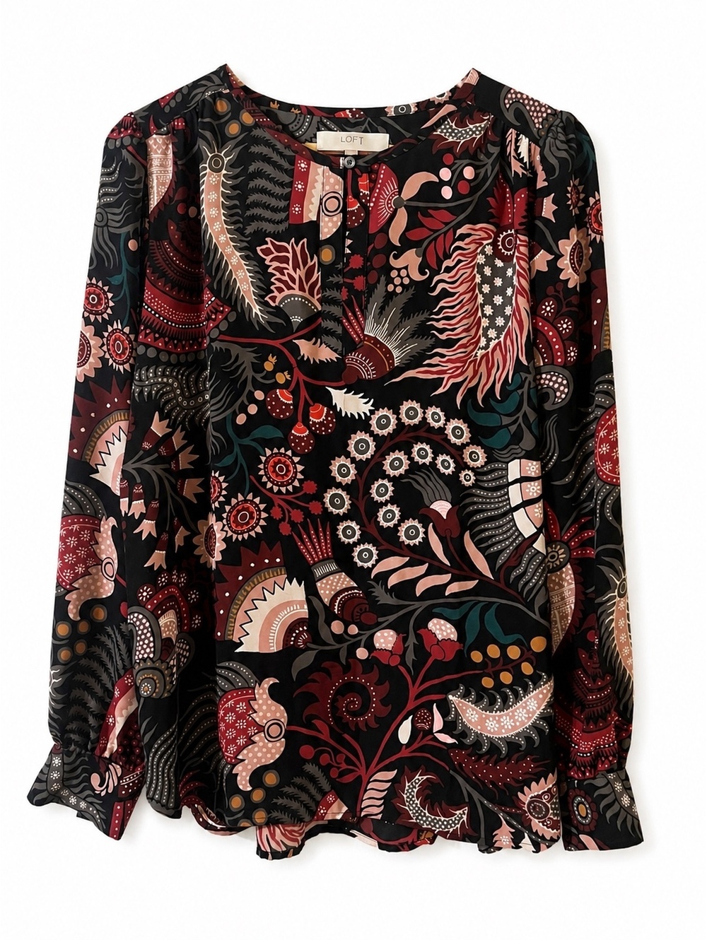 LOFT Women's Medium Black and Red Floral Button-Up Blouse